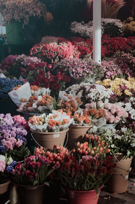 A vibrant display of assorted flowers arranged in numerous containers at a flower market. The assortment includes pink and peach tulips in a pink pot, clusters of purple, red, and white chrysanthemums