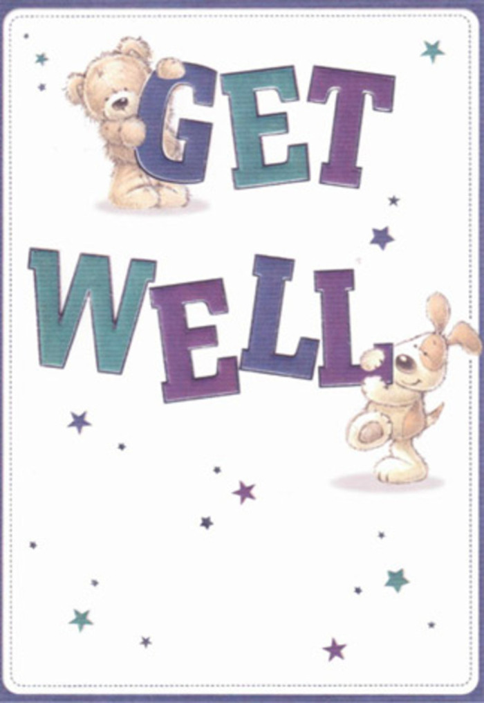 There's a joyful serenity in this get well card that brings to mind the gentle care poured into every bouquet at Flowers Feltham. The scene is alive with warmth: a cheerful, cuddly bear and a lively puppy take centre stage, their expressions open and hopeful as they share a heartfelt message. Stars dance whimsically around the pair, each one a sparkling fragment of well wishes cast across a background as inviting and clean as an early morning in Feltham's gardens. The typography is large, full of confidence, and shaded with the restful purples and restful aquas reminiscent of blossoms found near The Centre or along Feltham High Street. The textures invite the eye-soft, fluffy bear fur and the velvety flop of the pup's ears give the illustration a touchable, almost tangible tenderness, much like the softness of petals cradled in your palm. It's easy to imagine this card nestled beside a fragrant bouquet, its atmosphere of encouragement and sincerity perfectly tuned to lift a friend's spirits, regardless of age. Consider this a local expression of care-a card and flowers working together, radiating positivity and heartfelt support from our Feltham community directly into a loved one's day.