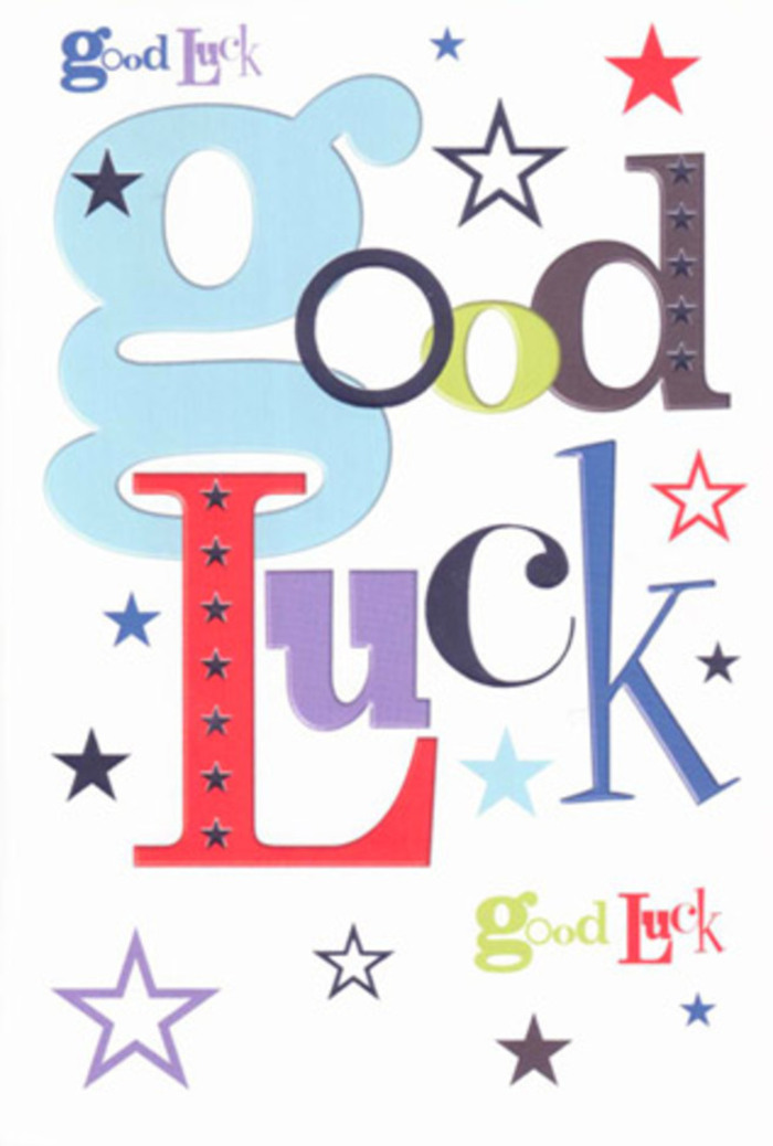 The image shows an exuberant good luck card that looks as if it has been designed with the same care and flair a florist uses when composing a celebratory arrangement. At the centre of a clean, snow-white background, the words Good Luck spill out in a joyful medley of fonts and colours, each letter carrying its own character yet working together in easy harmony. Wide, pastel-blue characters sit side by side with slimmer black letters, confident strokes of lively red, moss-green details, and velvety purples, echoing the rich palette you might see in a congratulatory bouquet heading out for delivery around Hanworth or North Feltham. Around the wording, a shower of stars of every size drifts across the card: some small and navy, others medium-sized in sky-blue and soft lilac, with a few bright lime-green accents adding a spark of zest. These stars are scattered casually but thoughtfully, giving an impression of movement and possibility, as though wishes are being tossed into the air like confetti after good news. The printing appears neatly aligned and crisp, with a smooth, matte surface that suggests a satisfying, slightly thick cardstock-substantial enough to stand upright on a windowsill or desk without curling. Soft, neutral lighting in the photograph keeps the colours true and easy to distinguish, with no glare or shadow to interfere with the clarity of the message. The overall mood is friendly, upbeat, and quietly confident, perfectly suited for sending encouragement before an exam, a driving test, or a new job in central Feltham. More than just words on paper, the card feels like a small talisman of belief, ready to be tucked beside bright blooms or given on its own as a pocket-sized burst of support.