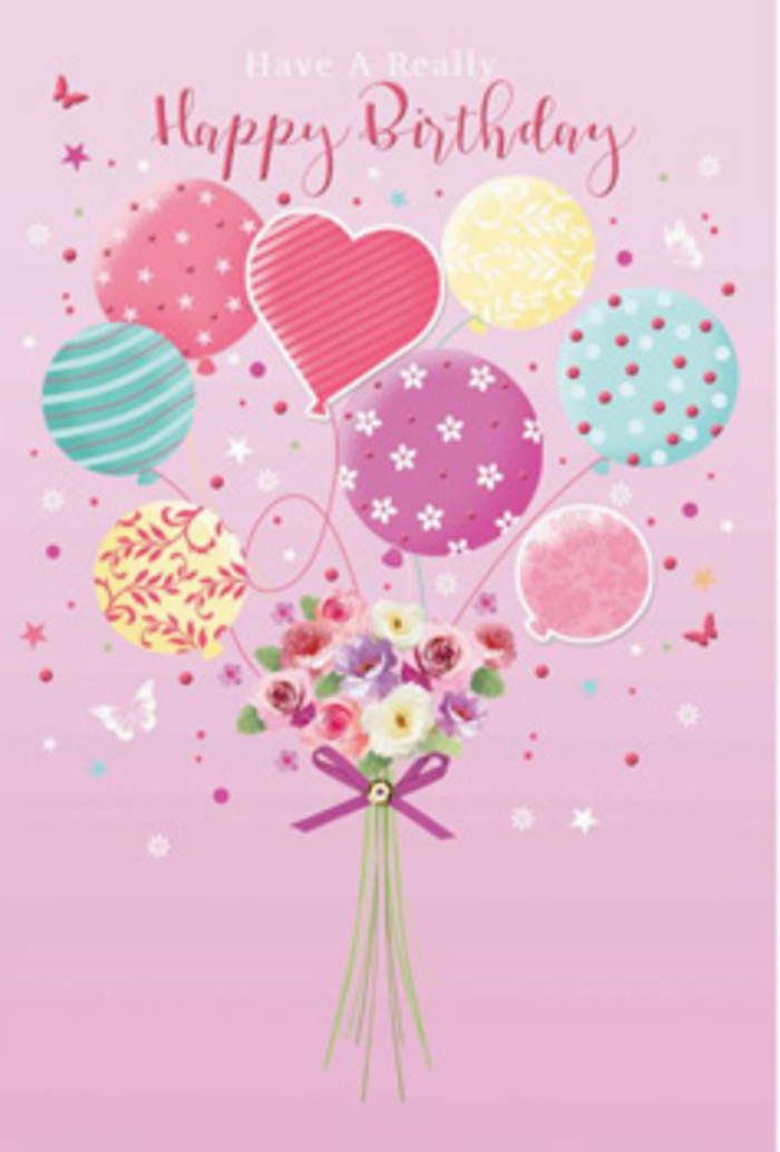 This imaginative birthday artwork unfolds like a daydream above the suburban streets of Feltham, where celebrations often spill from cosy living rooms into leafy gardens. Against a backdrop of warm, powdery pink, a buoyant cluster of pastel balloons drifts upward, lifting a small but expressive bouquet of flowers. Every balloon has its own personality: some display flowing ribbon-like stripes, others scatter playful polka dots, and a central heart-shaped balloon glows softly in shades of rose and lavender, suggesting affection and warmth. The colours feel like a soft chorus-sea-green, pale sunshine yellow, creamy peach, and petal pink-melting gently into one another so that no single hue overwhelms. Beneath this airy parade, the hand-tied bouquet is gathered, its stems drawn together in a tidy bundle. Tiny roses and daisy-like blossoms nestle closely, their petals shaded from cream at the centre to rosy edges, as if kissed by early morning light streaming through a Feltham kitchen window. The texture appears plush and velvety, with each petal curving delicately away from the heart of the flower. Subtle greenery weaves between the blooms, giving structure and a sense of fullness. A slender purple bow, tied with a careful florist's touch, holds everything in place, its satin ribbon catching the light just enough to sparkle. Around the flowers and balloons, whimsical butterflies and star-shaped accents seem suspended mid-flight, evoking that moment of quiet excitement just before guests arrive, gifts are unwrapped, and a birthday wish is made. It is an image that radiates gentle jubilation and the feeling of being truly cherished.