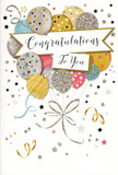 A beautifully illustrated congratulations card is displayed as though propped on a mantelpiece, its design centring on a jubilant bouquet of balloons that evokes the same cheerful lift as receiving flowers on a bright day in Feltham. The balloons vary in size and overlap one another, creating a soft, rounded mass that seems to float upward, painted in a carefully chosen palette of metallic gold, cool silver, champagne, blush pink, gentle sky blue, and light grey. Each balloon carries a different decorative touch-some are banded with fine shimmering stripes, while others are sprinkled with star shapes and speckled details that mimic the sparkle of glitter under soft indoor lighting. Their slender tethers and curling ribbons, traced in delicate lines of gold and silver, trail downward and curve gracefully across the lower portion of the card. Surrounding the central cluster, tiny stars, dots, and swirling confetti-like lines drift outward over a calm, pale background, suggesting the relaxed, friendly joy of a small gathering in a Feltham home after good news has been shared. A wide banner sweeps across the centre, bearing the phrase Congratulations To You in flowing calligraphy that feels personal and sincere, the kind of elegant script you might see on a premium card paired with a hand-delivered bouquet. The design balances glamour with warmth, making the card ideal for acknowledging milestones such as graduations, new jobs, promotions, or special achievements. The overall impression is one of lightness, optimism, and heartfelt pride-a visual celebration captured in paper and ink, perfect for accompanying fresh flowers sent to congratulate someone in the local community.