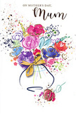 This Mother's Day card presents a lively watercolour bouquet that looks as though it has been captured mid-bloom, full of colour, movement, and affection. The flowers are loosely painted, with petals defined by elegant indigo outlines and filled with rich cerise, vibrant pinks, dusky purples, and gentle blues that blend at the edges, creating a soft, dreamy effect. Golden highlights skim over select petals and leaves, adding a refined shimmer, like the warm glint you might catch on fresh flowers displayed in a Feltham shop window in late afternoon light. Small hearts and speckles of paint surround the main arrangement, echoing falling petals or confetti, suggesting celebration and the scattered moments of love that make up everyday family life. The bouquet gathers gracefully into a simple vase at the bottom of the design, its rounded shape grounded by an elegant golden bow that feels like the finishing flourish just before a bouquet is sent out for delivery around Feltham and neighbouring streets. The predominantly white background keeps the artwork bright and uncluttered, ensuring every colour and metallic accent stands out while still feeling soft and inviting. Altogether, the illustration gives the impression of a florist's sketch turned into a heartfelt painting-a visual hug meant to thank a mum for her kindness, patience, and unwavering support, whether she lives just off the High Street or a little further across town.