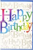 The birthday card shown here radiates the same cheerful energy as a colourful party gathering in one of Feltham's family gardens, and it is designed with the same attention to detail you might expect from a carefully arranged bouquet. At the centre, the words Happy Birthday leap forward in broad, rounded letters filled with a vivid flowing gradient: deep cherry red softens into pink, then slips through violet, royal blue, teal, bright green and finally into a sunny yellow at the far edge. The colours blend so smoothly that they feel almost hand-painted, like brushstrokes layered on a pristine white background. Each letter has a subtle shine, suggesting a smooth, satin-like print that would feel sleek beneath your fingertips. Surrounding the headline, little stars and confetti specks in matching tones are scattered sparingly across the surface, creating a sense of celebration without clutter, similar to the gentle scatter of petals on a florist's workbench at the end of a busy day. Behind this lively message, the entire background is softly covered with repeating lines of Happy Birthday to you, written in a graceful, looping gold script that looks as though it has been penned with a fine metallic ink. The letters overlap and weave together into a delicate pattern that shimmers when it catches the light, giving an impression of soft music in the distance. The overall design feels both modern and warm-hearted, a card that would sit beautifully beside a vase of fresh flowers from a local Feltham florist, ready to brighten a birthday breakfast table or living room shelf.