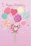This softly whimsical birthday scene could easily belong to a cheerful home near Feltham Green, where a simple celebration is made special with thoughtful details. A blush-pink background provides a warm, inviting canvas for a bouquet of pastel balloons that appears to float weightlessly upward. Each balloon is distinct: some are wrapped in candy-coloured stripes, others dusted with tiny, dancing polka dots, while a heart-shaped balloon at the centre quietly expresses love and appreciation. The colours remain delicate and uplifting-dusty rose, minty teal, lemon yellow, lavender, and soft cream-glowing as if touched by gentle afternoon light. Below this uplifting cluster, a compact hand-tied bouquet anchors the design. Small roses and anemone-like blossoms are gathered together in shades of ivory, blush, and muted mauve, their petals layered and feathery with a soft, almost cloud-like texture. The flowers sit close, as though freshly arranged by a careful local florist preparing a birthday surprise for same-day delivery in Feltham. Wisps of green foliage peek through, enhancing both the shape and the sense of natural freshness. A neat violet satin bow binds the stems, its smooth ribbon forming precise loops and trailing ends that add a subtle sense of elegance. Tiny illustrated stars and butterflies scatter across the scene, bringing just a hint of fairy-tale magic, like birthday confetti drifting on the air. The overall impression is airy, sweet, and quietly joyful-a picture of a birthday that feels intimate, personal, and unforgettable.