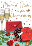 Richly detailed anniversary card design celebrating long-lasting love between parents, evoked with the sensitivity of a Feltham florist. At the heart of the illustration, two tall champagne glasses stand close together, brimming with sparkling golden fizz that seems to shimmer in a soft glow, as if catching the evening light in a home near Feltham Green or off Hounslow Road. Just in front, a heart-shaped box of chocolates is opened invitingly, its inner tray neatly filled with velvety truffles and pralines in varying shades of chocolate brown. The box itself is a deep, romantic red, crowned with an elegant satin bow whose loops and tails add movement and drama to the composition. Resting beside it are two full-headed red roses, their petals plush and intricately layered, cradled by glossy green foliage that calls to mind a florist's careful selection of the freshest stems for a same-day anniversary delivery across Hanworth and East Bedfont. A bright scarlet envelope, sealed and slightly tilted, suggests an intimate message to Mum & Dad, written with affection and gratitude. Scattered across the warm background, delicate golden accents and tiny crimson hearts swirl around the central elements, creating the impression of gentle motion and joyful celebration. The overall scene feels like a snapshot of a special evening in Feltham, where the air holds the faint perfume of roses, the promise of shared chocolates, and the quiet clink of glasses raised in honour of a love story that has grown through years of family life.